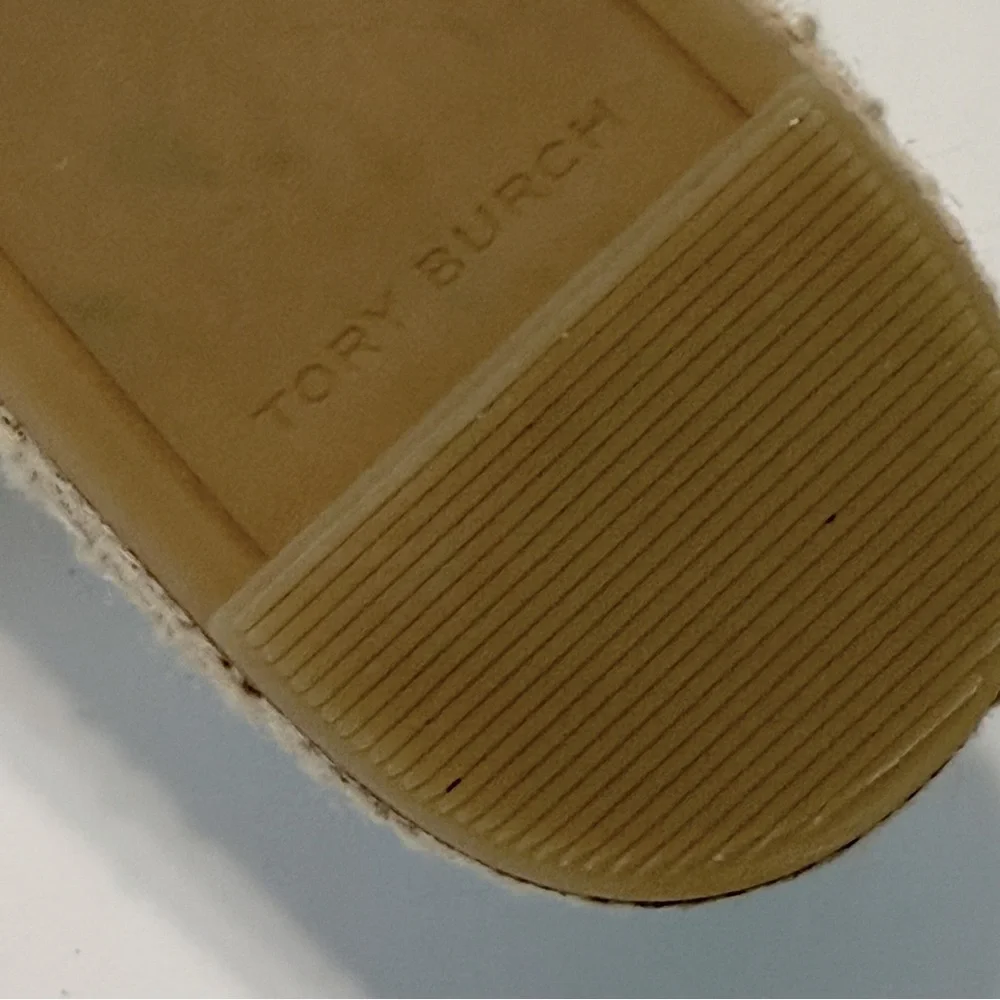 Tory Burch Ines Double T Canvas Espadrilles White Coastal Tan Flat Sz 10 Summer